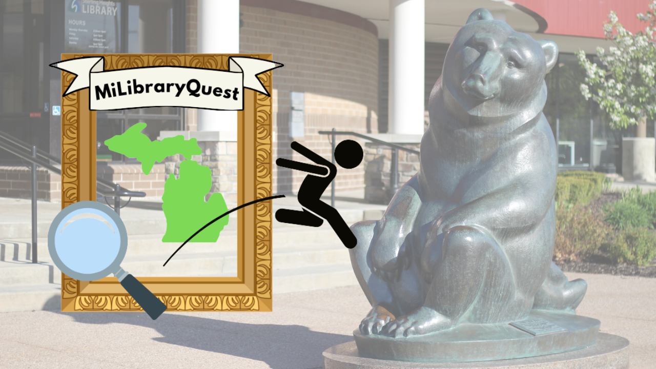 MiLibraryQuest, a magnifying glass, and a stick person jumping out of a gilded frame containing an o